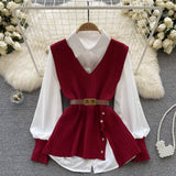 Two Sets + V Cooked Two Autumn Dress New Loose Wind Collar Knitted Tagonal Knitting Set Shirt Collar