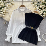 Korean Style Suit Women's Casual Long-Sleeved Shirt + Waist V-Neckless Knitted Vest Two-Piece Set