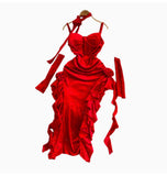 Vintage Red Velvet Sling Dress Woman Irregular Opening Sexy Bag Hip Heavy Industry Dress Dress 0453