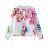 2025 Summer Women's Retro Loose-Fitting Round-Neck Long-Sleeved Flower Print Drawstring Cotton Coat