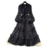 French Elegant Temperament Dress Female Heavy Industry Hot Diamond Lace To Receive Waist Thin Lantern Sleeves Side Dress