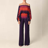 Spring 2025 New Set Women's Printed Round-Neck Loose Bat Sleeves Wide Leg Trousers Fashion Set