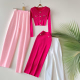 Small Fragrant High-Sense Metal Buckle Repair Short Long-Sleeved Knitting Top Female High-Waisted Hip Skirt Two
