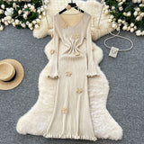 Atmosphere Temperament Three-Dimensional Flowers V-Neck Long-Sleeved Dress Women Slim Thin Inside Sweater Skirt Autumn And Winter New