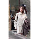 Winter French Style High-Neck Single Buckle Knitted Skirt Dress Set