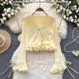Long-Sleeved Shirt Women Spring And Autumn New Three-Dimensional Lotus Edge V Collar Folded Horns Short Top Lady