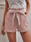 New 2025 Summer Women's Loose Flax Leisure Shorts Pocket Solid Colored High-Rise Broad Legs