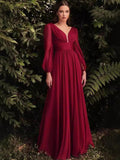Evening Dress New Long-Sleeved Chiffon Sexy Temperament Deep V Side Button Bridesmaid Dress