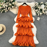 High-End Banquet Dress High-End Light Luxury Niche Leaf-Side Cake Dress Heavy Industry Folds Long Dress