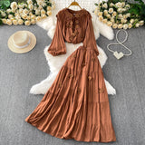 Gentle Style Pink Three-Dimensional Flower Collar Lantern Sleeve Shirt Lady Autumn High-Rise Dress Set