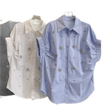 European High-Stock Design Feeling Heavy Industry Nail Embroidery Shirt Loose Apparent Thin Age Shirt Shirt Women Short Sleeves