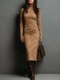 New Retro High-Necked Dress In Autumn 2025 Solid Color With Low-Sleeved Dress