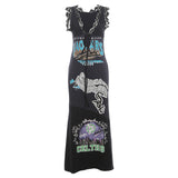 2025 Summer Women's New Street Hot Girl Print V Tie With Hollow Loose Dress Woman