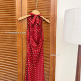 2025 Spring And Summer French Vintage Sweetheart V-Neck Red Wave Point Hanging Neck Dress With Vestȹ