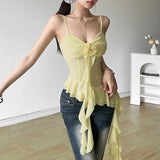 2025 Summer New Women's Pure Color Dress Street Fashion V-Neck Sling Perspective Top Woman