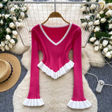 Clamming Striped Knitted Shirt Autumn Lotus Side Hem Horn Sleeves Slimmed Out Of The Bottom Coat