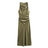 Spring 2025 New Fashion Round-Neck Sleeveless Black Silk-Sense Tidling Dress Woman