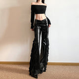 2025 Summer High-Rise Street Fashion Hottie Mesh Splicing Design PU Leather Trumpet Trousers Women
