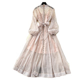 French Standing Collar Nails Drilled Full Of Star Buckle Lantern Sleeves Tied With Waist Temperament Dress Famous Party Dress Dress