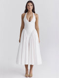 2025 Spring And Summer French Name Deep V-Neck Sexy Hanging Neck Tie Splicing Pressure Folded Waist Thin Sweet Dress