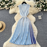 High-End Sleeveless Knitted Striped Dress Women's Summer Slanted Belt Lightly Mature Sister Temperament Long Skirt