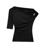 Metal Set Asymmetric Coat 2025 Summer Folded Single-Sleeved Elastic Body Trim Women's T-Shirt Casual