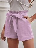 New 2025 Summer Women's Loose Flax Leisure Shorts Pocket Solid Colored High-Rise Broad Legs