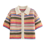 Women's 2025 New Crochet POLO Shirt Collar Striped Crochet Shorts Set