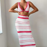Striped Two Sets Of Women's Knitted Slings Wrapped Breasts Skirt Dress Fashion Suit