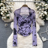 Spice Girls Tie-Dye Mesh Jersey Long-Sleeved T-Shirt Girl Thin Perspective Temperament Fashion Folding Top
