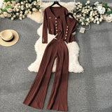 High-End Feel Set 2025 Spring Women's Metal Buckle Vest Knitted Open-Shirt Broad Leg Pants Fashion Three-Piece Set