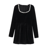 2025 Women's Autumn And Winter New Diamond-Sleeved French Waist-Sleeved Velvet Mini Dress