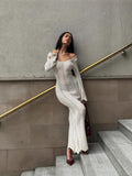 New Women's Fashion Elegant V-Neck Knitted Dress Horny Sleeves Hollowed-Braceed Long Dress