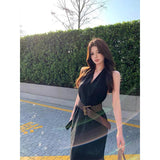 French Babes Black V-Neck Hanging Neck Dress Femininity Summer Temperament Fascination Thin Sleeveless Temperament A-Character Dress