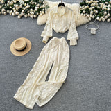 French Light Luxury Heavy Lace Splicing Temperament Long-Sleeved Shirt Tight High Waist Thin Broad Leg Trousers Two Sets Of Women