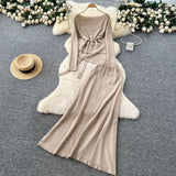 French Temperament Wears A Female Autumn And Winter Design Sense Of Irregular Strap To The Waist Long-Sleeved Knitted Shirt + High Waist Half-Dress
