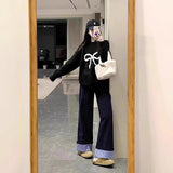 Tibetan Blue Roll Edge Design Wide Leg Slack Women 2025 Spring And Autumn High-Waist Loose Straight Straight Trousers