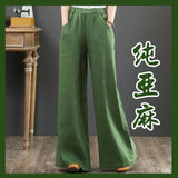 Pure Linen Large-Size Broad Leg Trousers Women's Rope Loose Waist Cotton Spring And Summer Women's Trousers Loose Cotton Thighs Summer