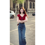 Summer Atmosphere Feeling Hong Kong Style Wearing Red V-Neck Repair Short-Sleeved T-Shirt With Temperament Micro-Tipped Jeans Women Two Sets