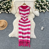 Goddess Fan Temperament Body-In-County-Necked Sleeveless Striped Knitted Dress Women's Summer Tight-Dled Ass Tuxedo Dress