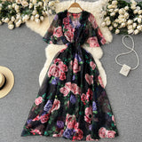 Summer V-Neck Print Chiffon Dress Women's Waist Thin Temperament Lotus Leaf Side Short Sleeves To Close The First Love Fairy Dress