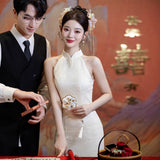 New Chinese Champagne-Colored Engagement Cheongsam Toast Bridal Fishtail Dress Beautiful Registration Certificate Wedding Dress