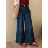 Hong Kong Wind Dark Blue High-Waisted Horn Nine-Point Jeans Women 2025 Autumn Small Loose Thin Broad Leg Pants