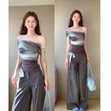 Summer Ink Dizziness Dye Shoulder Niche Mesh Short-Sleeved Hottie Straight-Legged Slack Suit