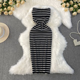 Hottie Thoracic Striped Knitted Dress Elastic Slimming Temperament High-End Ass Skirt