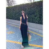 French Babes Black V-Neck Hanging Neck Dress Femininity Summer Temperament Fascination Thin Sleeveless Temperament A-Character Dress