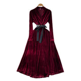 French Light Luxury Famous Woman High-End Sense V Collar Long Sleeve Strap To Close The Waist Velvet Dress Women Autumn And Winter Lanky Dress