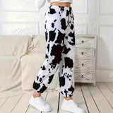 2025 Ms. Autumn And Winter Fashion Explosion Cow Print Pattern Lady Loose Fashion Trousers Plush