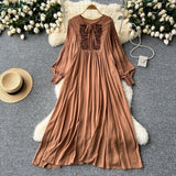 Heavy Industry Embroidery Loose Holiday Dress Women Large Size Show Lean Meat Sweet Tie With Round Lantern Sleeve Dress