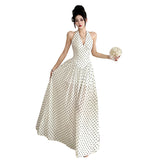 2025 Spring And Summer New Women's Dress French Sister Bo Dot Hanging Neck Dress Women's High Sense V To Receive The Waist Big Swing